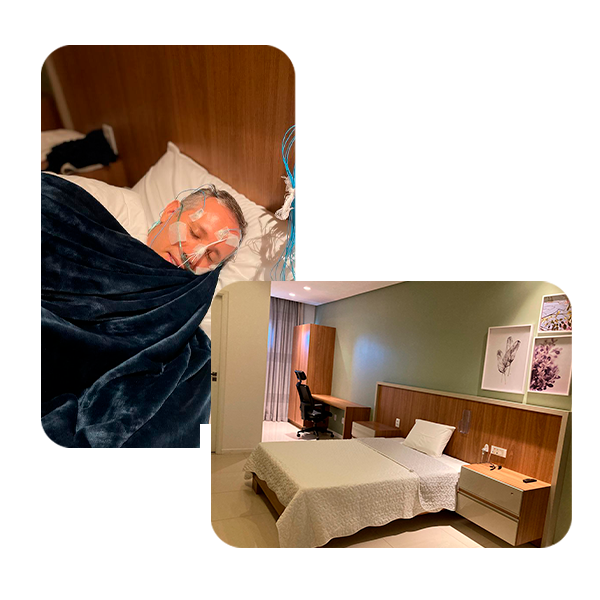 Imagem Homem dormindo com eletrodos conectados, realizando exame de polissonografia, ao lado imagem quarto aconchegante com cama de casal